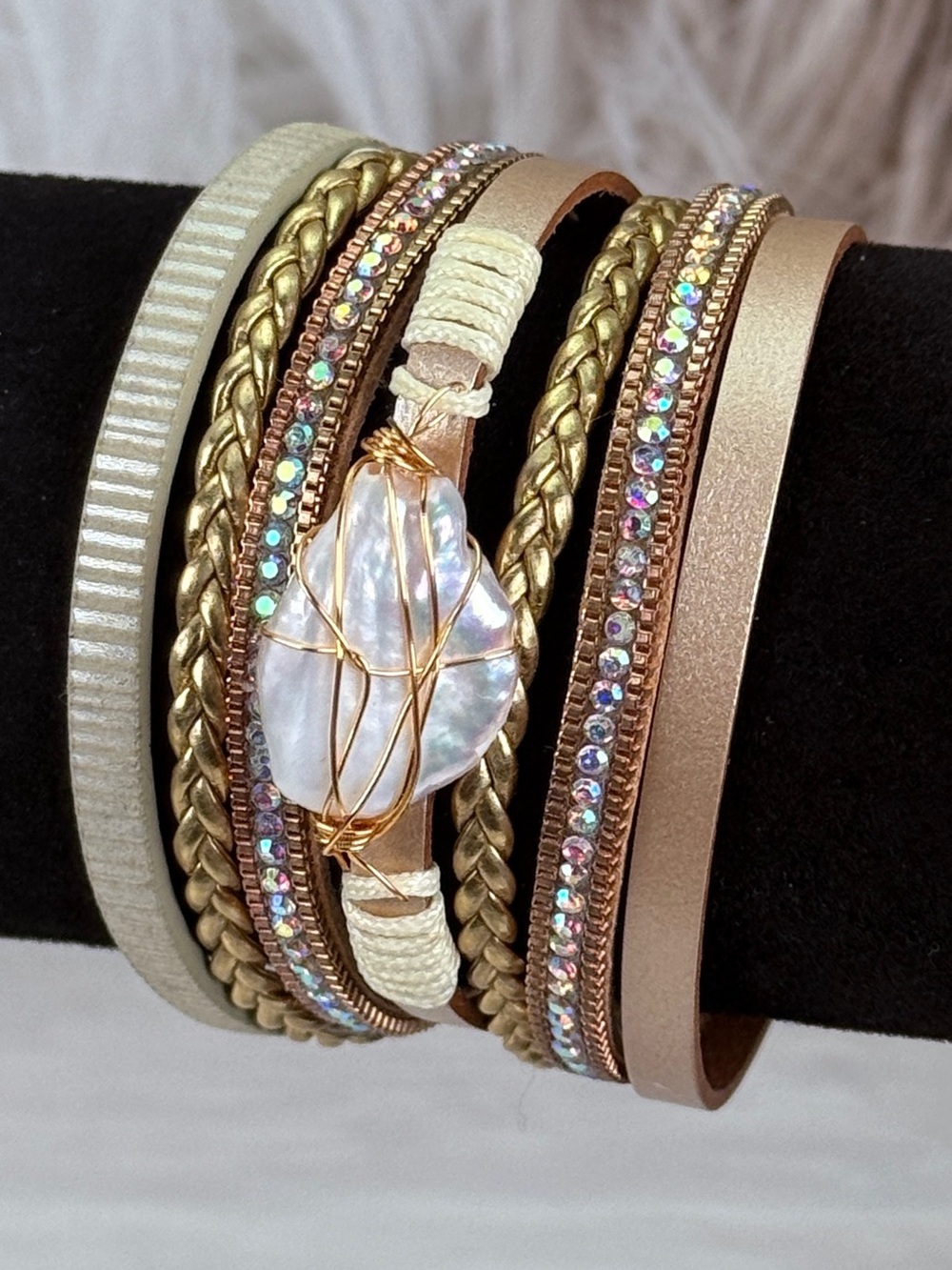 Gorgeous faux pearl wire, wrap, magnetic closure bracelet